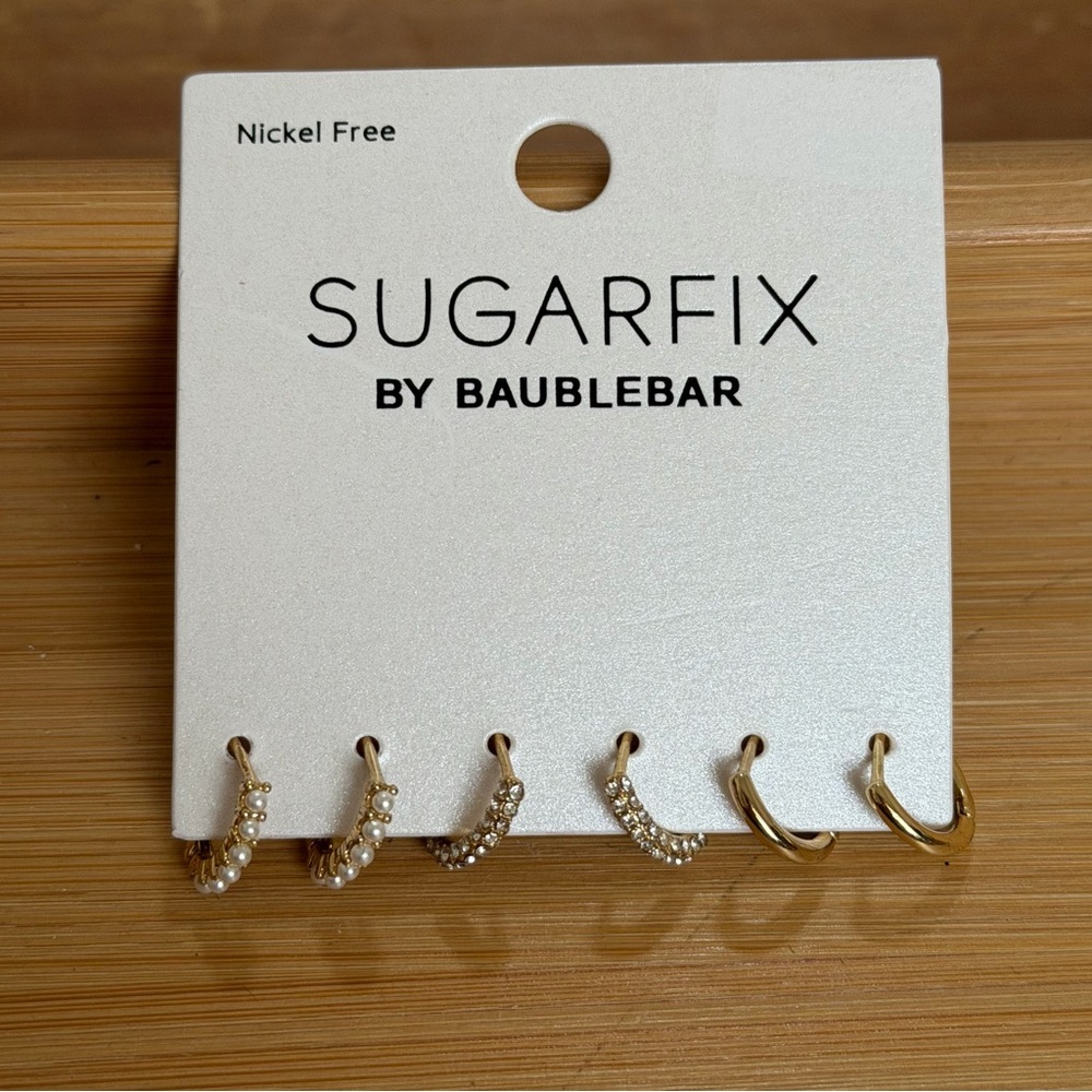 NWT SUGARFIX by BaubleBar Huggie Hoop Earring Set: Faux Pearl, Crystal, & Gold